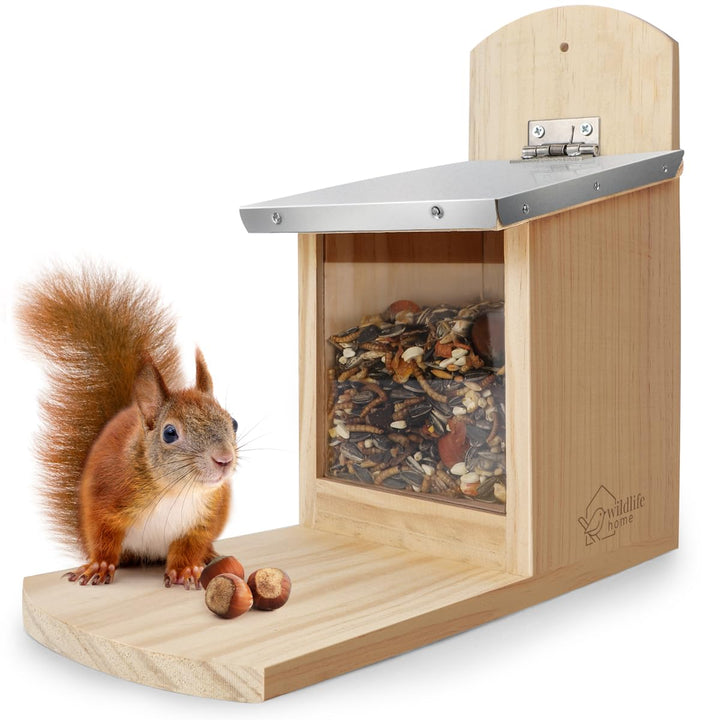 WILDLIFE HOME Eichhörnchen Futterhaus mit Metalldach I Futterstation aus verschraubtem Massiv-Holz I