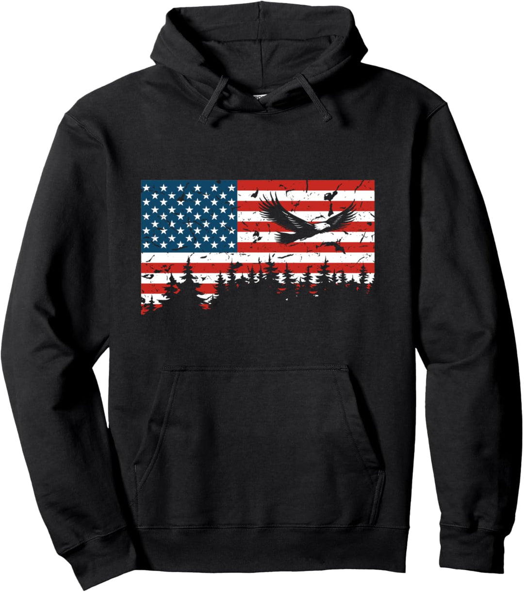 American Flag USA Patriotic Eagle Flying Trees Graphic Gift Pullover Hoodie