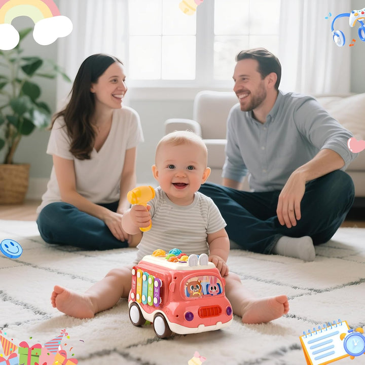 Baby Spielzeug ab 1 Jahr, Musikalischer Bus Kinderspielzeug mit Xylophon,Hammerspiel, Montessori Mus