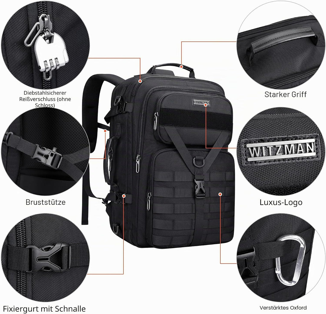 WITZMAN Reiserucksack Herren 45L Gross Nylon 3 in 1 Reisetasche Rucksack für Flugzeug Fit 17 Zoll La
