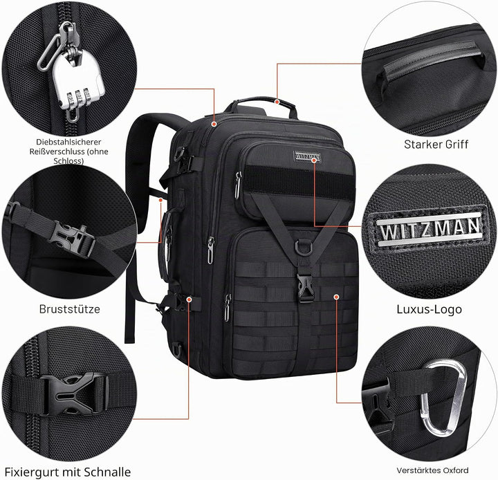 WITZMAN Reiserucksack Herren 45L Gross Nylon 3 in 1 Reisetasche Rucksack für Flugzeug Fit 17 Zoll La