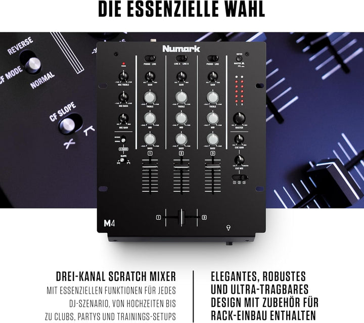 Numark M4 - 3-Kanal Scratch DJ Mixer, Rack-montierbar mit 3-Band EQ, Mikrofoneingang und austauschba