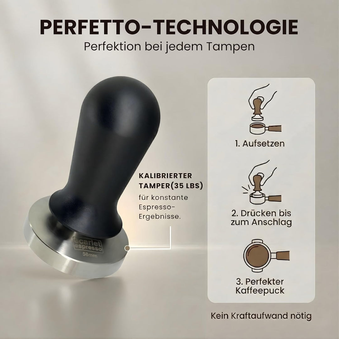 scarlet espresso | Tamper »Perfetto« für Barista; auf 35 lbs Anpressdruck kalibiriert; mit Alu- oder