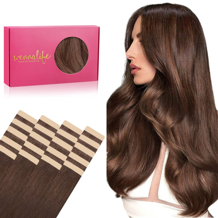 WENNALIFE Tape Extensions Echthaar, 20pcs 40g 30cm 12 Zoll Schokoladenbraun Remy Invisible Tape Exte