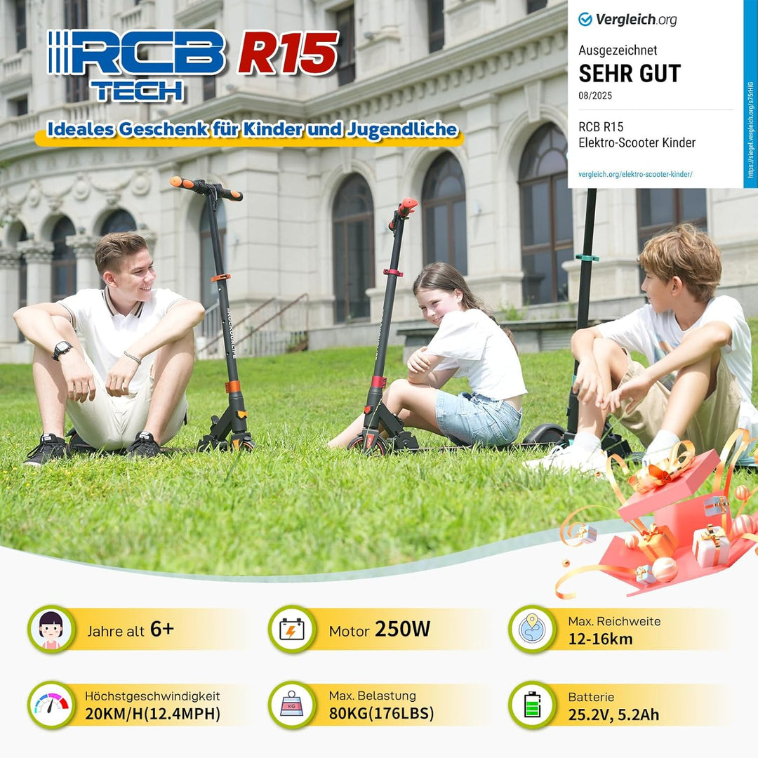 RCB TECH E-Scooter Kinder (8-12-16 Jahre) - Faltbarer Elektroroller für Kinder - Max Reichweite 16 K