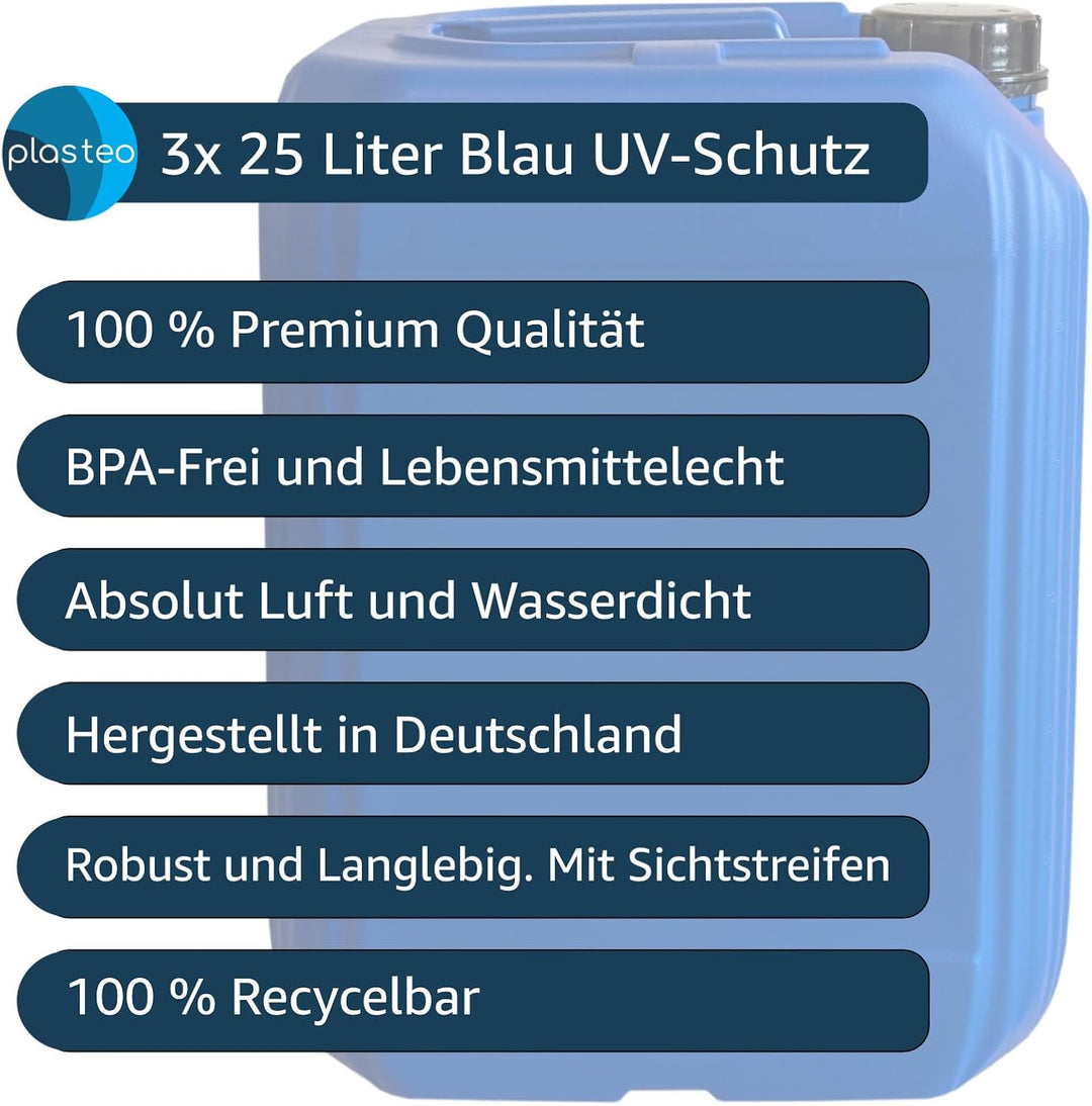 plasteo® 3x 25 Liter Getränke Wasserkanister mit 1 Hahn und 3 Schraubdeckel (DIN 61) | Lebensmittele