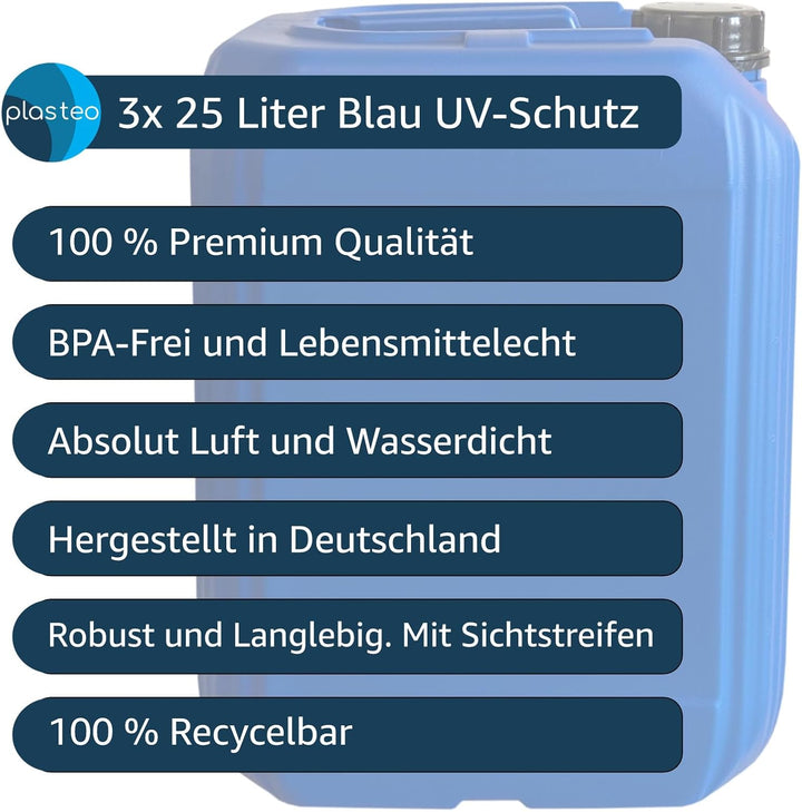 plasteo® 3x 25 Liter Getränke Wasserkanister mit 1 Hahn und 3 Schraubdeckel (DIN 61) | Lebensmittele