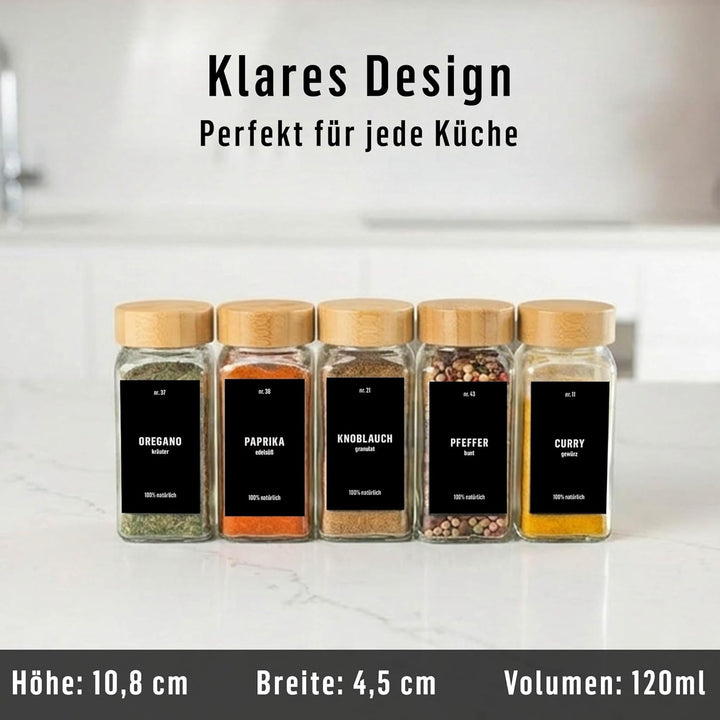 Deco Haus® Gewürzgläser eckig mit Holzdeckel 36er Set [+ Etiketten &amp; Streueinsatz] - Gewürzdosen Set