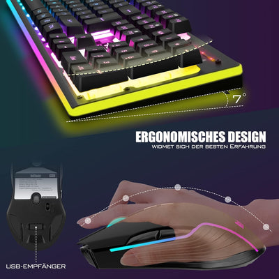 RedThunder K10 Kabelloses Gaming Tastatur und Maus Set, QWERTZ DE Layout, 3000mA Batteriekapazität u