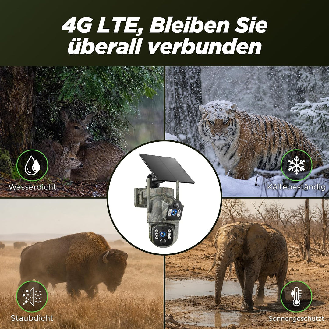 VOOPEAK 4G LTE Wildkamera mit SIM Karte, Dual-Objektiv Wildtierkamera mit 360° Live-Übertragung, 2K