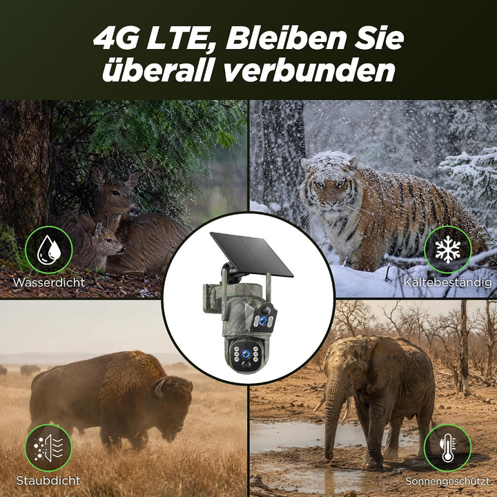 VOOPEAK 4G LTE Wildkamera mit SIM Karte, Dual-Objektiv Wildtierkamera mit 360° Live-Übertragung, 2K