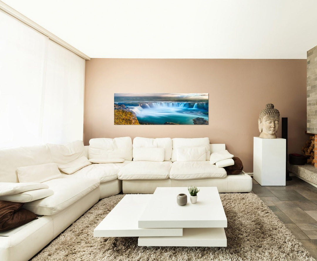 Paul Sinus Art Panoramabild auf Leinwand und Keilrahmen 120x40cm Island Wasserfall Landschaft Natur