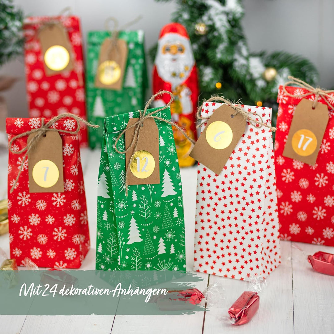 Papierdrachen Adventskalender zum Befüllen - 24 Bedruckte Geschenktüten und 24 Zahlenaufkleber und K