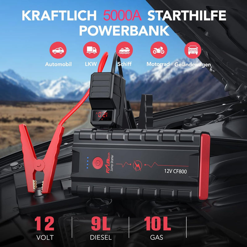 FLYLINKTECH Tragbare Auto Starthilfe Powerbank 5000A - Für bis zu 10L Benzin und 9L Dieselmotor - 12