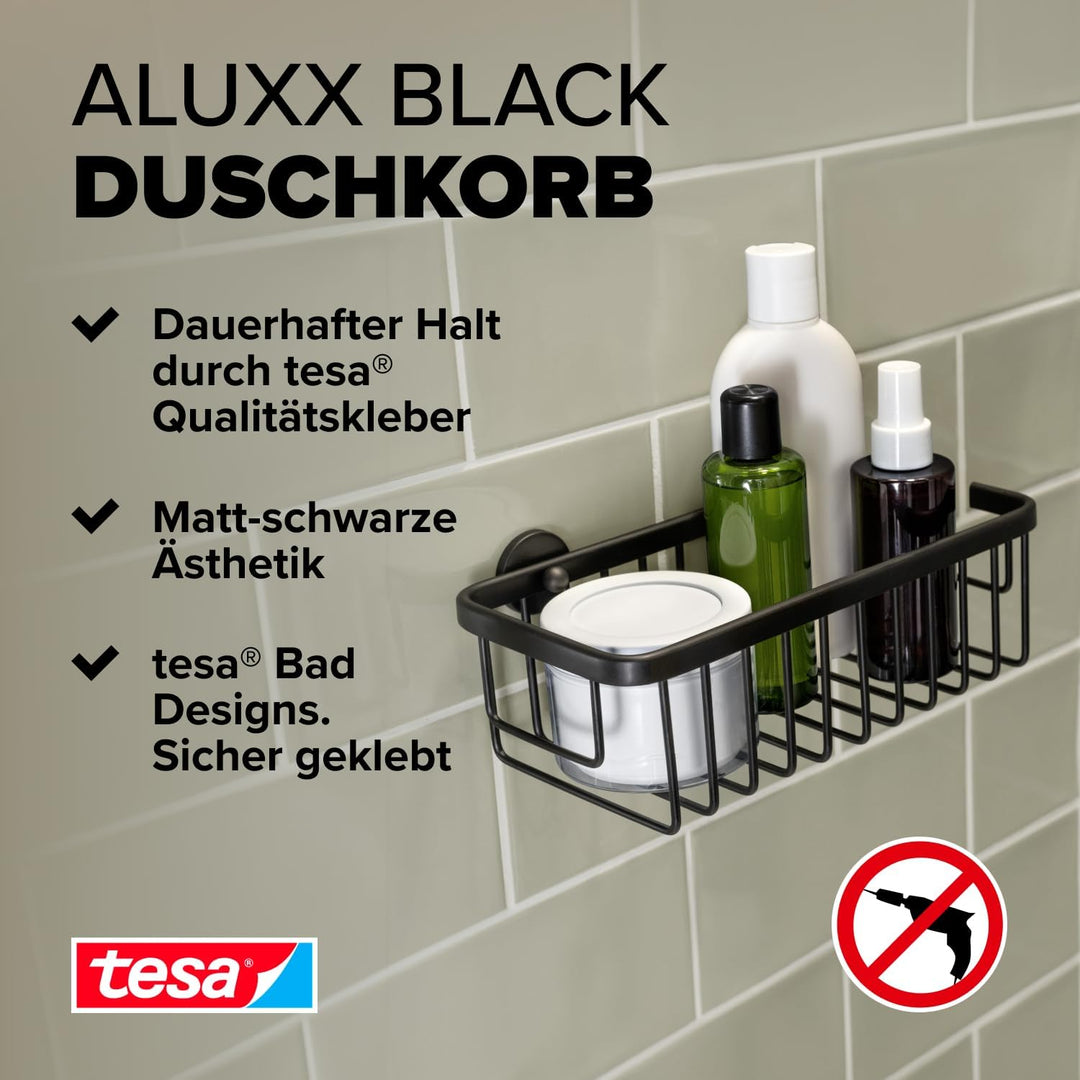 tesa ALUXX BLACK Duschablage zur Wandmontage ohne Bohren, schwarz matt - einstöckig und extra tief -