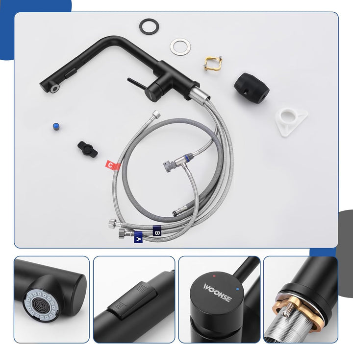 Niederdruck Armatur Küche Ausziehbar, WOOHSE Wasserhahn Küche Schwarz mit Brause 2 Strahl, 360° Dreh