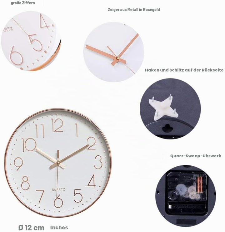 jomparis 30cm Modern Quartz Lautlos Wanduhr Schleichende Sekunde ohne Ticken Analoge Wanduhr Rosegol