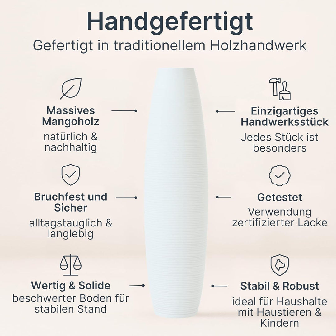 Leewadee Grosse Bodenvase für Dekozweige hohe Standvase Design Holzvase, Holz, 70 cm, Weiss 70 cm We