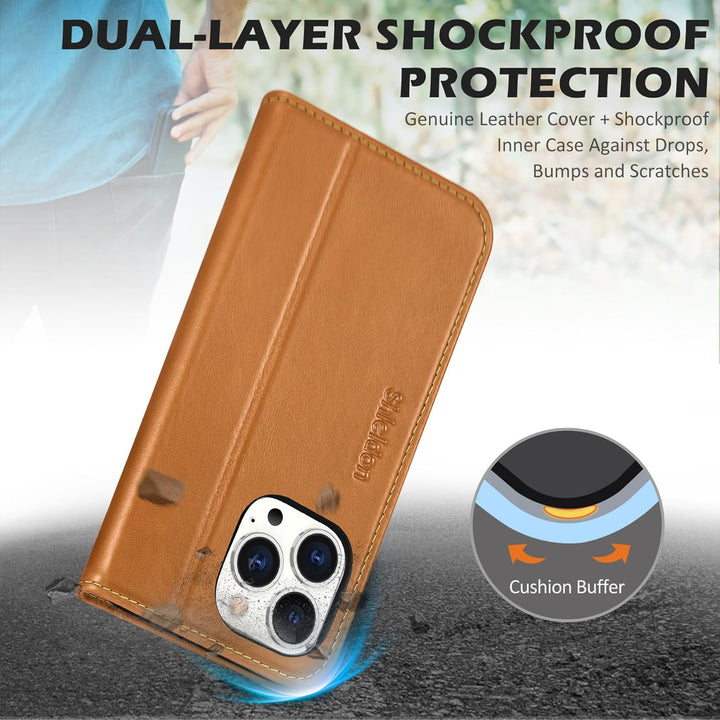 SHIELDON Hülle für iPhone 14 Pro Max Schutzhülle [Rindsleder] [Stossfest ] [Kartenfach] [Magnetversc