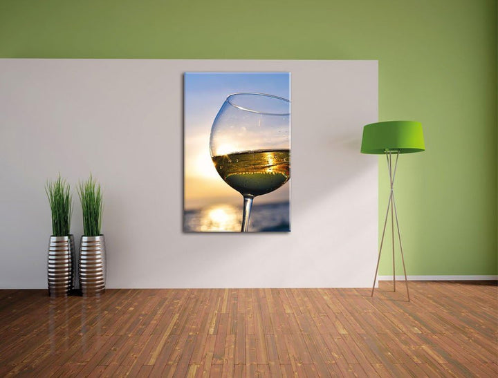 Pixxprint Weingläser im Sonnenuntergang am Meer, Format: 100x70 auf Leinwand, 100x70