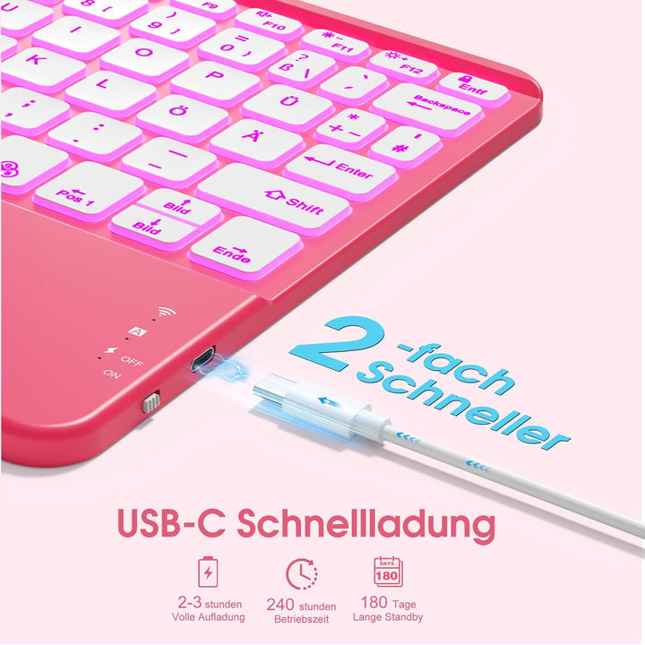 Vobafe Bluetooth Tastatur mit Touchpad, 7-farbiges Backlight iPad Tastatur | Traleicht Kabellose QWE