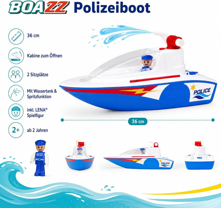 Lena BOAZZ Polizeiboot 36 cm, Spielzeugboot für Indoor und Outdoor, für Kinder ab 2 Jahren, mit Wass