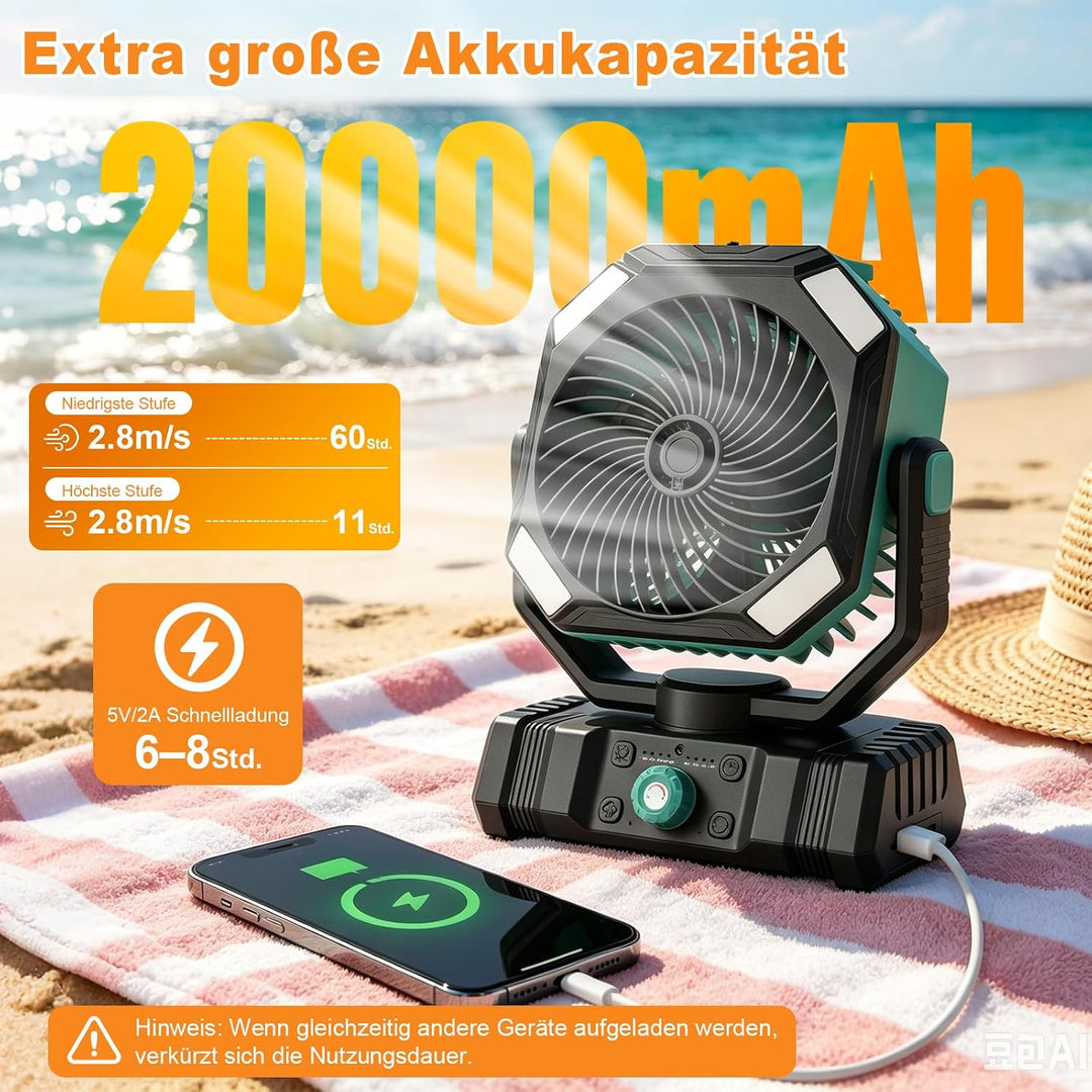 Richday Camping Ventilator mit Wasserkühlung, 20000mAh Akku, 300ml Wassertank, 2 Nebelmodi, 270° dre