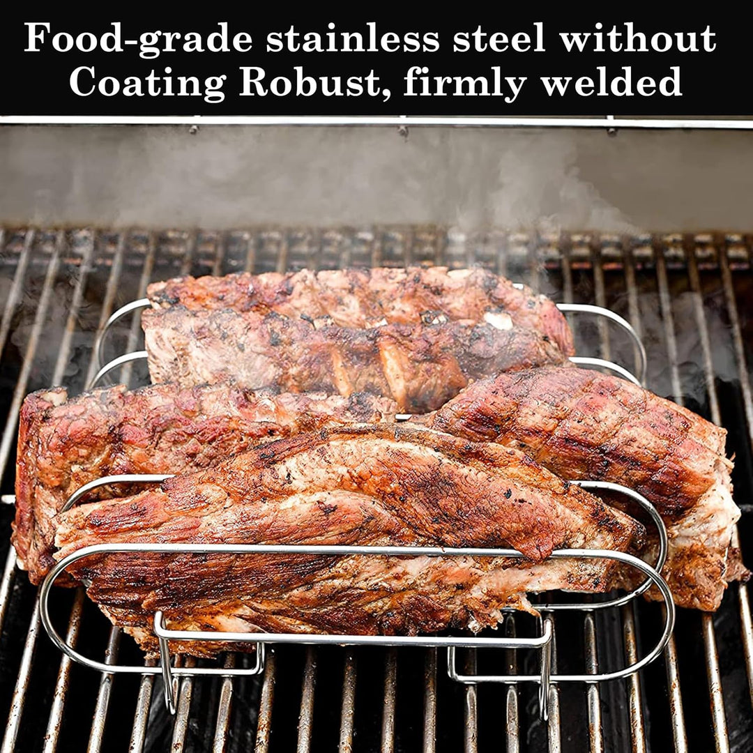 Spareribs Halter Grill, Edelstahl Rippchenhalter, BBQ Rib Rack mit Öl-Pinsel und Grillzange, Geeigne