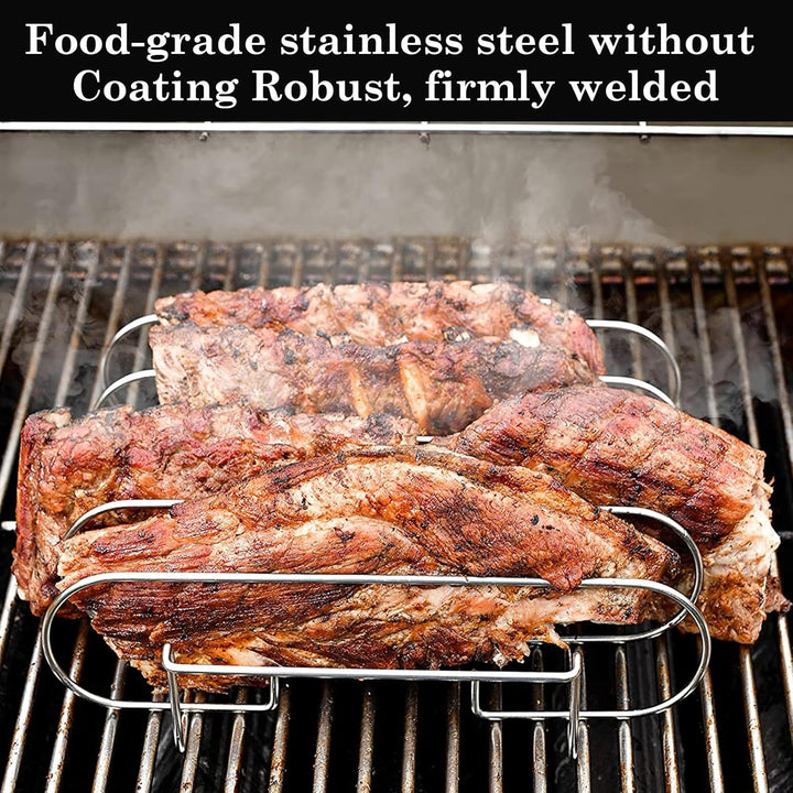 Spareribs Halter Grill, Edelstahl Rippchenhalter, BBQ Rib Rack mit Öl-Pinsel und Grillzange, Geeigne