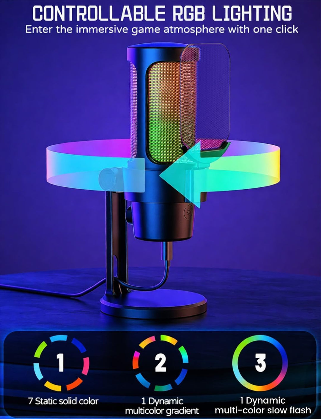 USB Gaming Mikrofon mit Ständer Plug & Play PC Mikrofon mit Mute-Taste, RGB-Beleuchtung, Pop-Filter