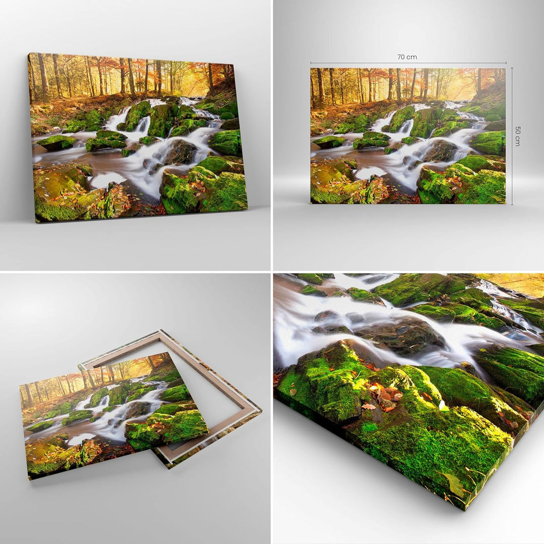 Bilder auf Leinwand Sonne Berg Bach Park Leinwandbild mit Rahmen 70x50cm Wandbilder Dekoration Wohnz