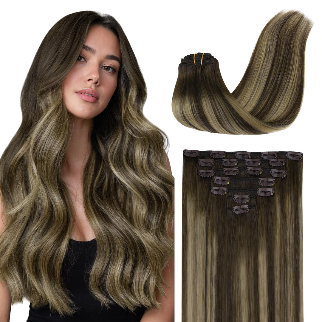 GOO GOO Clip in Extensions Eechthaar, 45cm 120g 7pcs, 4/26/4 Schokoladenbraun Gemischter Honig Blond