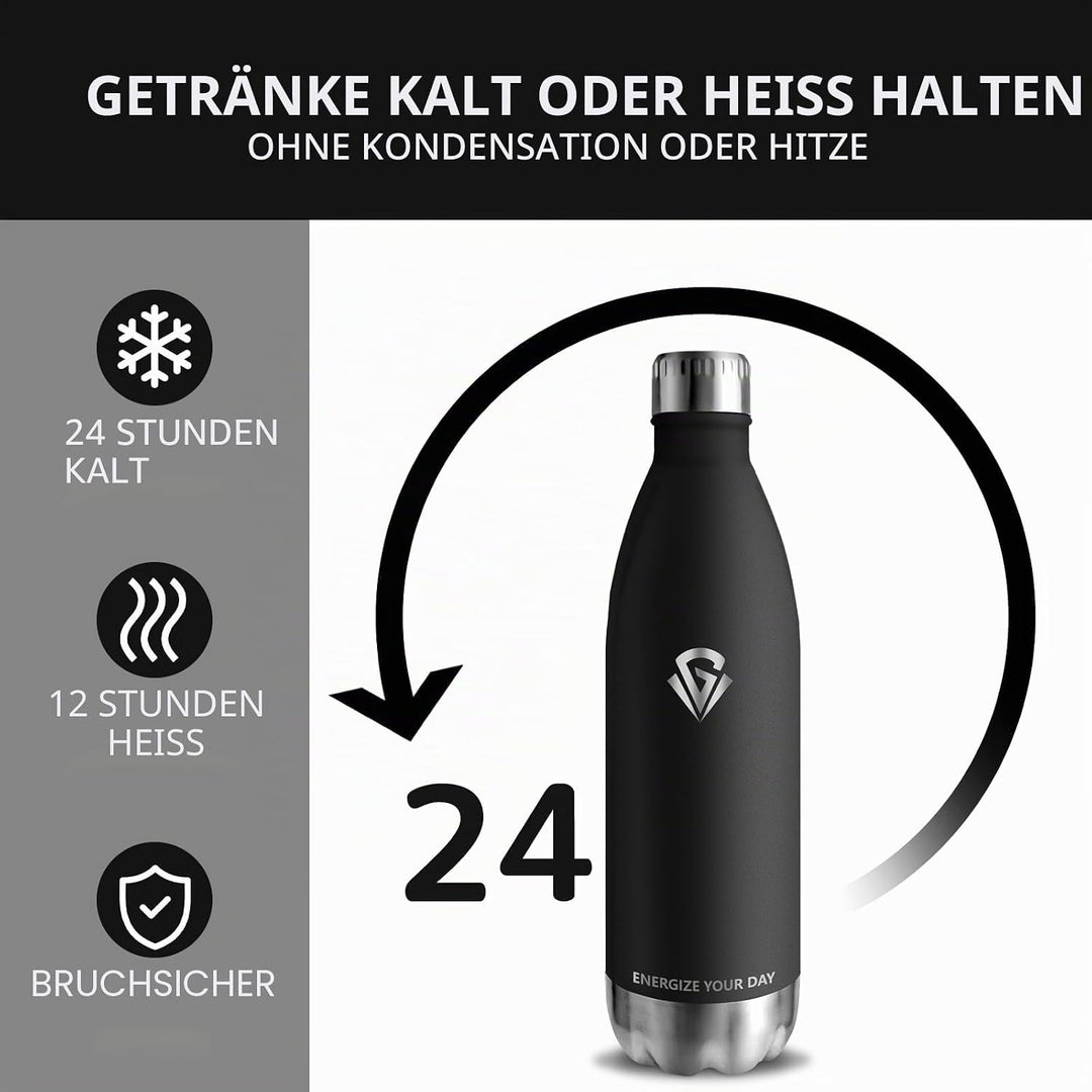 Grsta Trinkflasche 1l, Trinkflasche Edelstahl BPA-Freie, Thermosflasche Kalt&Warm, Trinkflasche Spor