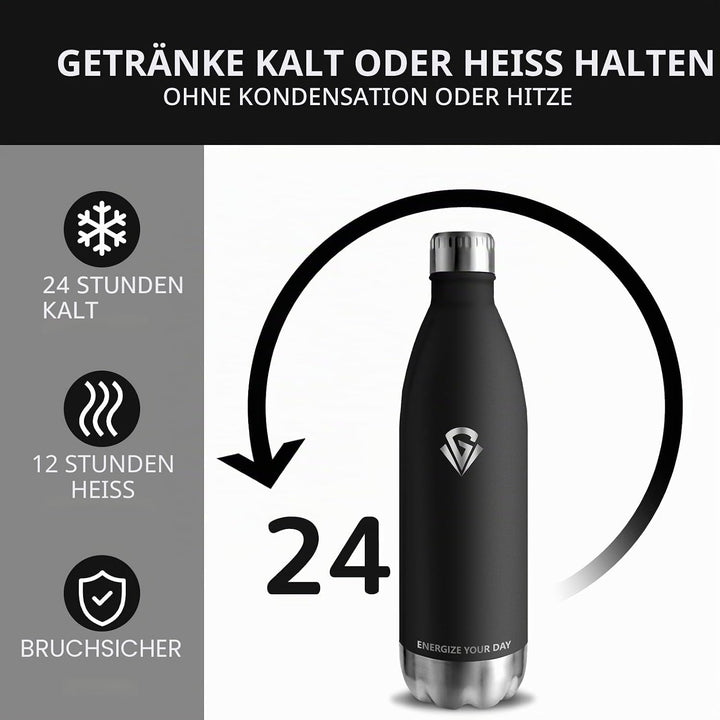 Grsta Trinkflasche 1l, Trinkflasche Edelstahl BPA-Freie, Thermosflasche Kalt&Warm, Trinkflasche Spor