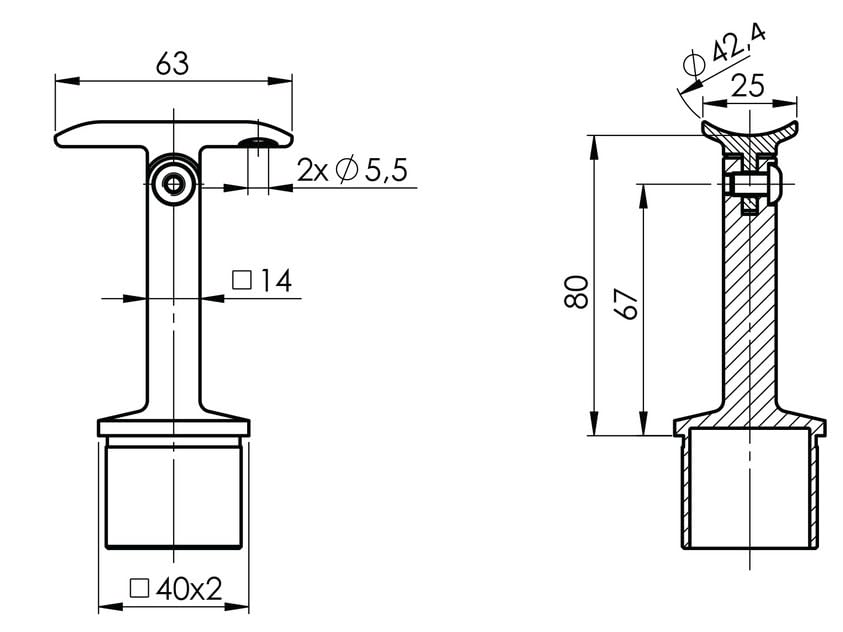 Sellon24® Edelstahl Geländerpfosten Eckig rechts 40x40 Bauhöhe 1000mm Vierkantrohr mit Glashalter Vi