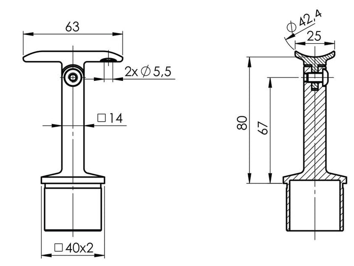 Sellon24® Edelstahl Geländerpfosten Eckig rechts 40x40 Bauhöhe 1000mm Vierkantrohr mit Glashalter Vi