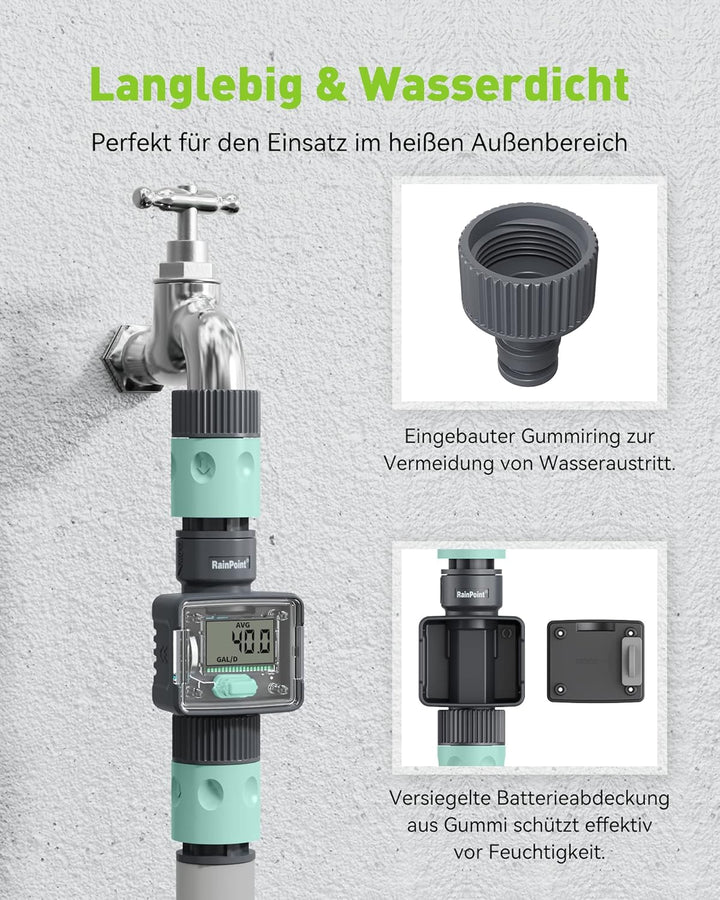 RAINPOINT Wasserzähler, Praktischer Wasseruhr für Garten, 4 Modi zur Kontrolle des Wasserverbrauchs,