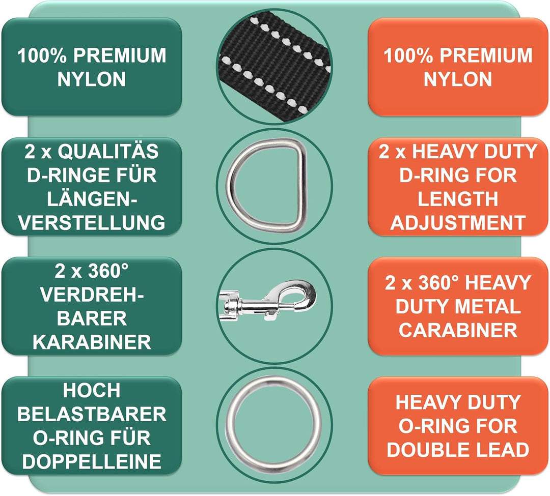 DEY - Premium Hundeleine Nylon 2m | Reflektierend | 3fach Verstellbar | für Kleine, Mittelgrosse u.
