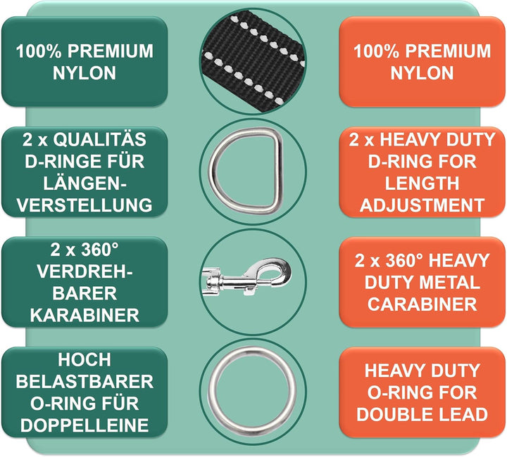 DEY - Premium Hundeleine Nylon 2m | Reflektierend | 3fach Verstellbar | für Kleine, Mittelgrosse u.
