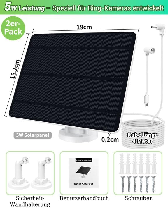 5W Solarpanel für Ring Kamera – Hochleistungs Solarmodul, IP65 Wasserdicht & Langlebig, Solar Panel
