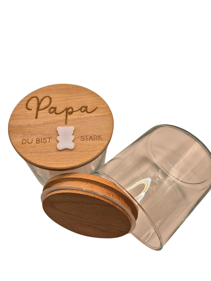 Generisch Personalisiertes Vorratsglas mit Holzdeckel, Papa Du Bist Stark Gravur, 530ml, mit 3D Acry