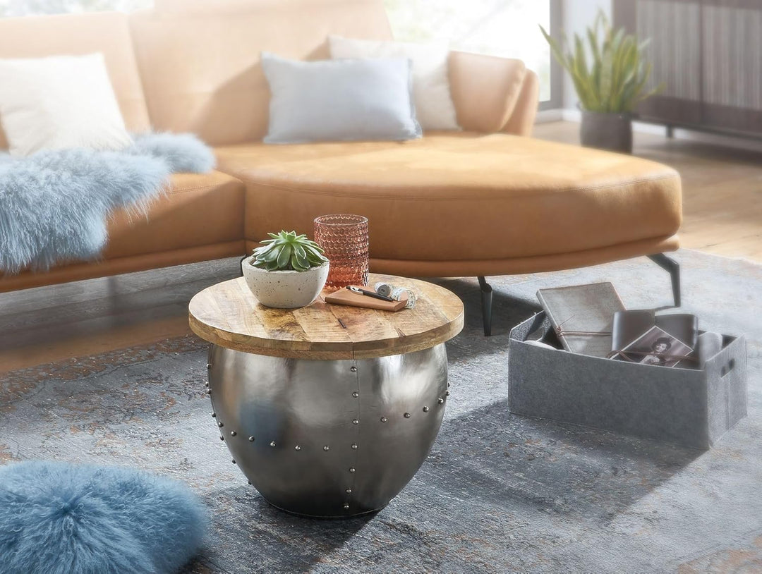 FineBuy Couchtisch Mango Massivholz/Metall 60x43x60 cm Industrial Style Rund | Design Wohnzimmertisc