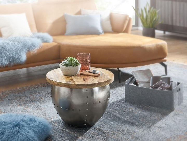 FineBuy Couchtisch Mango Massivholz/Metall 60x43x60 cm Industrial Style Rund | Design Wohnzimmertisc