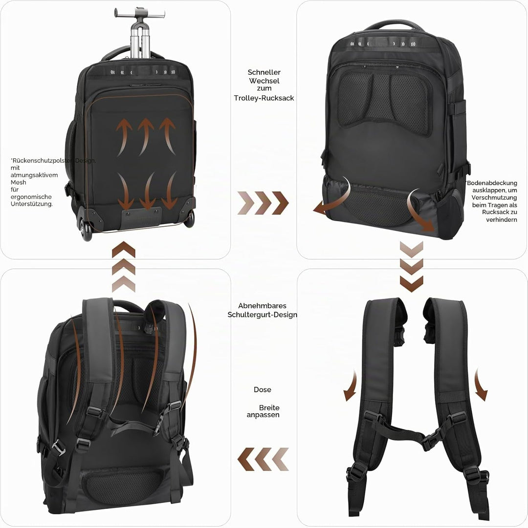 2-in-1-Reiserucksack mit Rollen, 50L Rucksack Trolley mit 17,3" Laptopfach- Handgepäck mit USB-C-Ans
