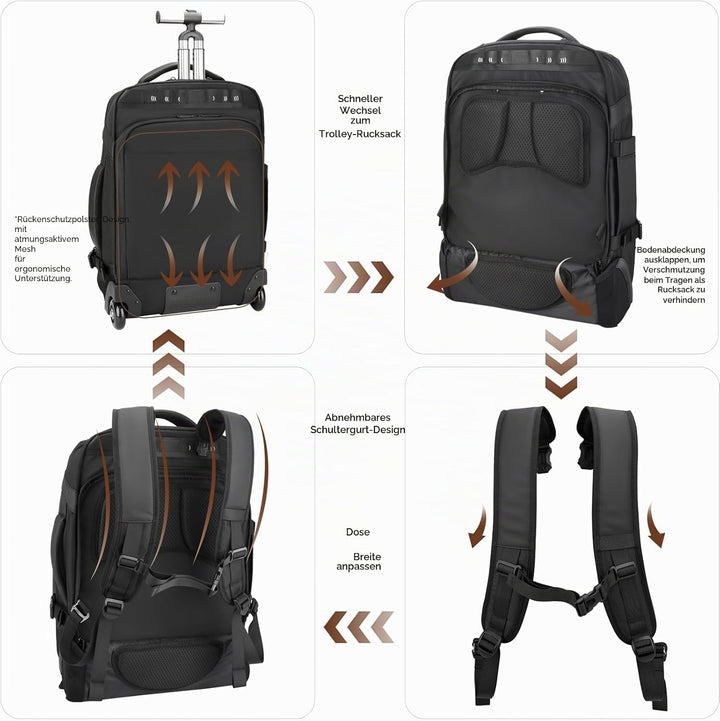 2-in-1-Reiserucksack mit Rollen, 50L Rucksack Trolley mit 17,3" Laptopfach- Handgepäck mit USB-C-Ans