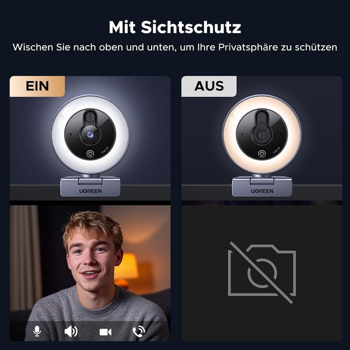 UGREEN 2K Webcam mit Ringlicht PC Kamera mit mikrofon Streaming Kamera mit Abdeckung Fixfokus 4 Füll