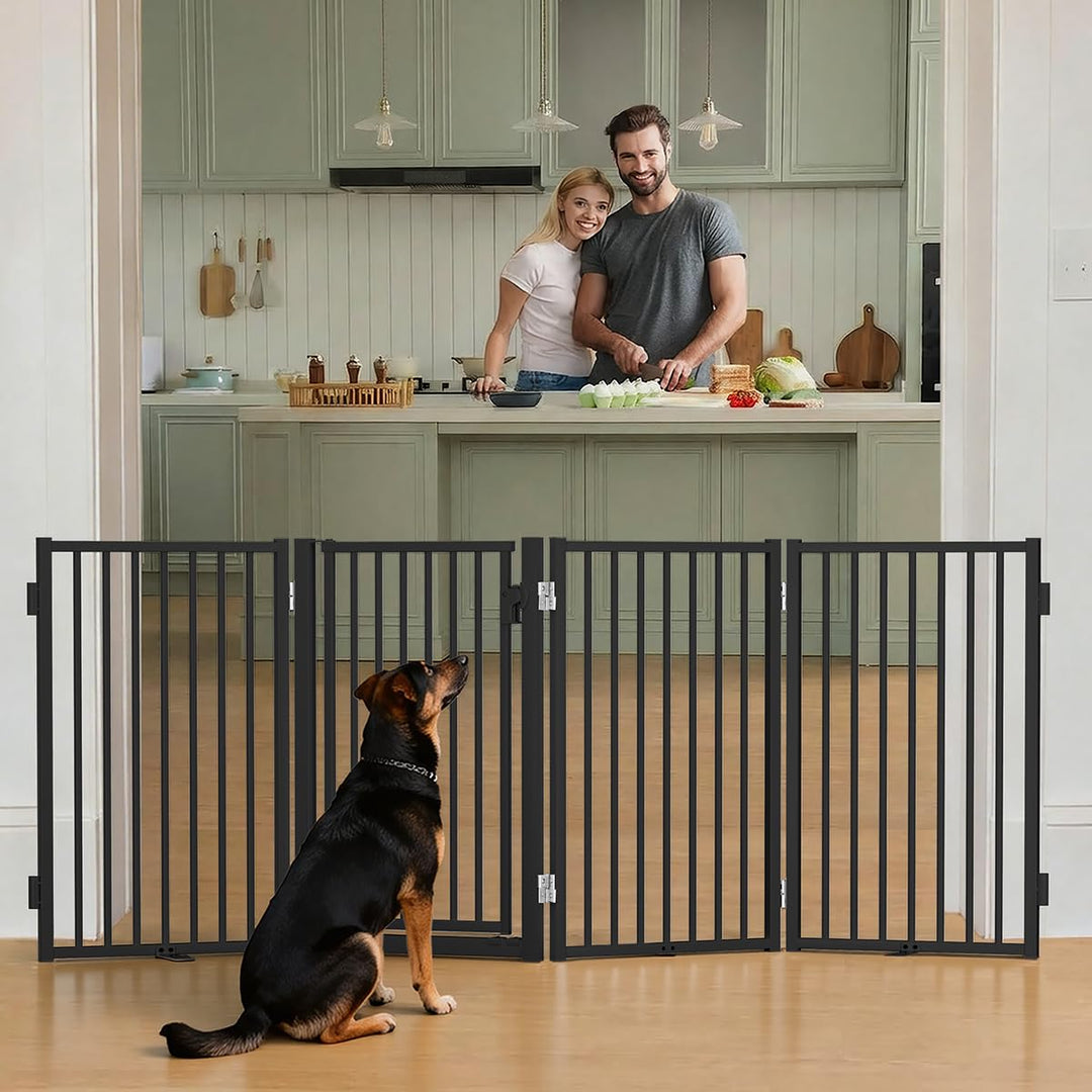COMOMY Metall Hundegitter Freistehend mit Tür, 203cm Extra Breit Absperrgitter Hund Wohnung, 81cm Ho