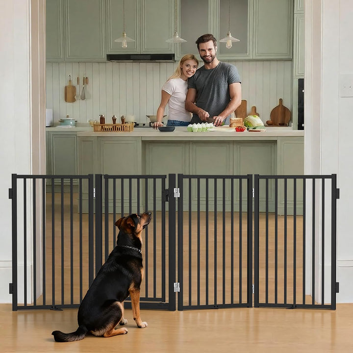 COMOMY Metall Hundegitter Freistehend mit Tür, 203cm Extra Breit Absperrgitter Hund Wohnung, 81cm Ho
