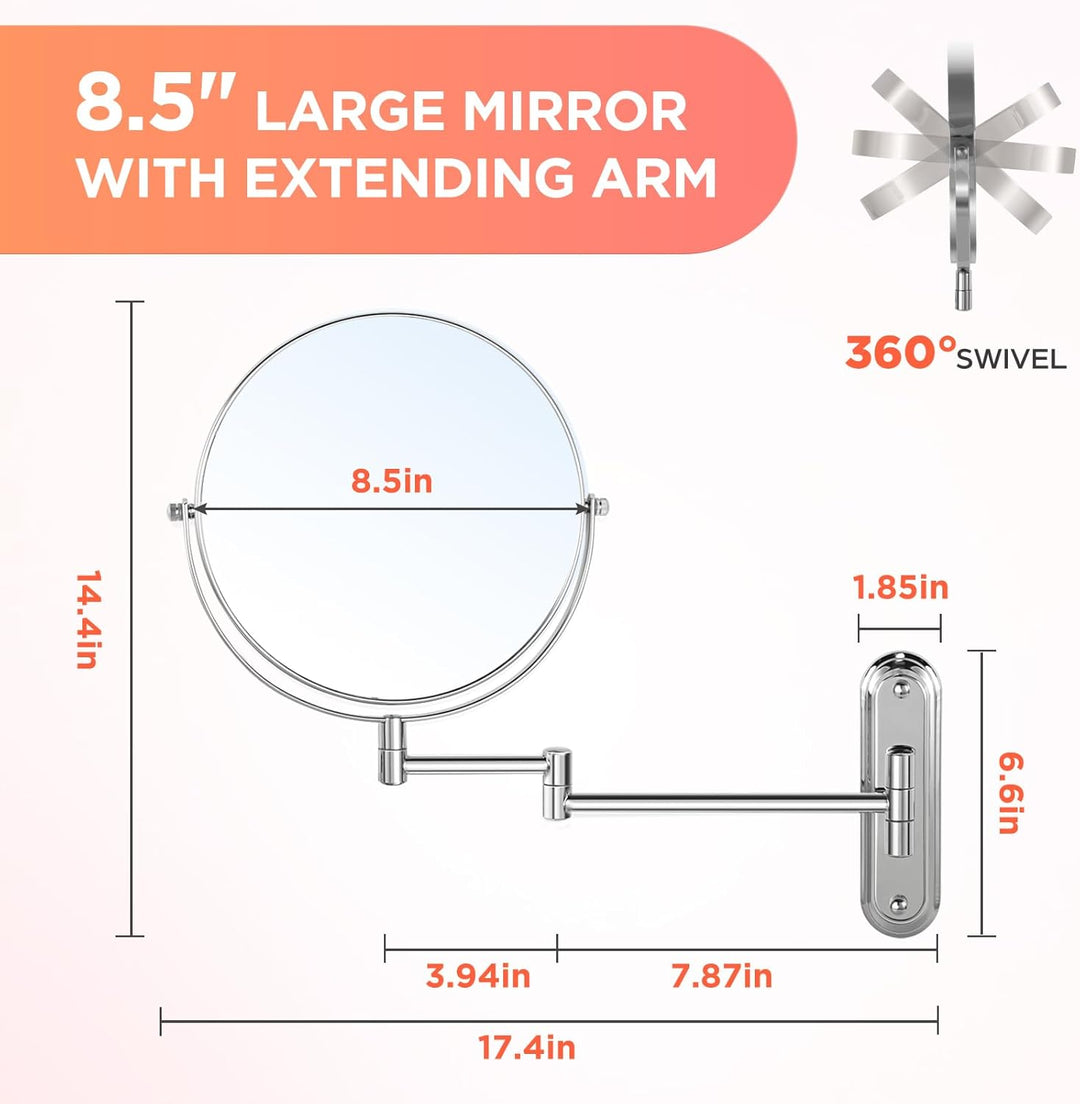 Wandmontierter Make-up-Spiegel - 8,5 Zoll doppelseitiger Make-up-Spiegel mit erweitertem Arm, 1X / 1