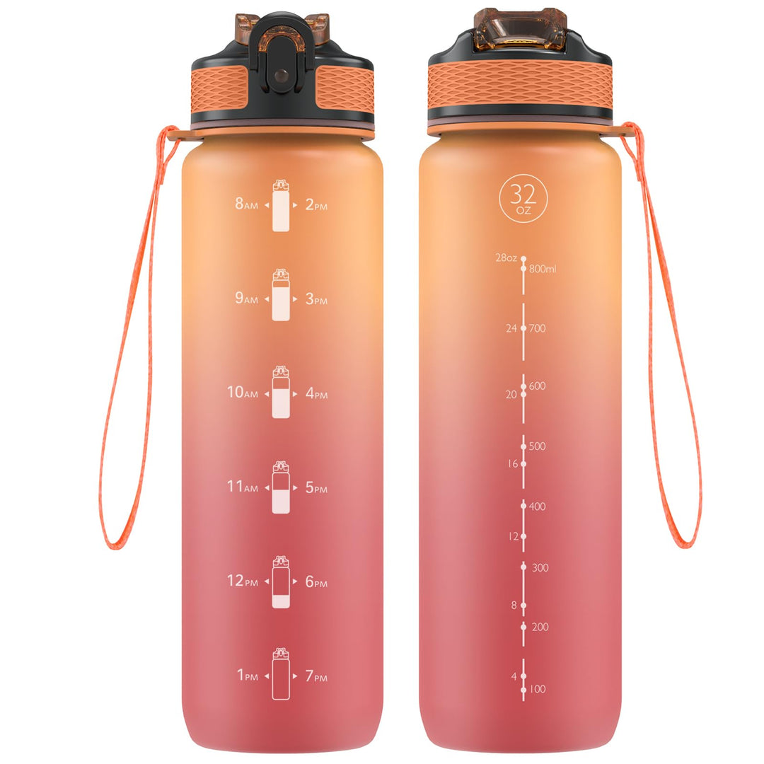Trinkflasche, 1L Sport-Wasserflasche mit Strohhalm, Zeitmarkierungen, auslaufsicher, BPA-freiTritan,